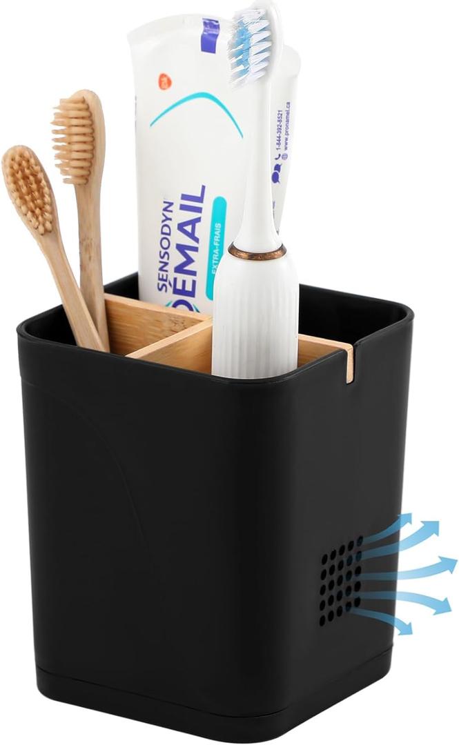 Electric Toothbrush Holder 3 Slots Tooth Brushing Holder with Bamboo Dividers for Bathrooms, Plastic Toothbrush and Toothpaste Organizer for Shower, Countertop, Vanity, Black (Small (3 Slots))