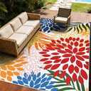 Yinhua Dahlia Floral Outdoor Rug 8x10 Colorful Indoor Outdoor Rugs Washable Patio Rug Non Slip Large Flower Area Rug Low Pile Outdoor Carpet for Patio, Deck, Porch, Balcony, Camping, Red and Blue
