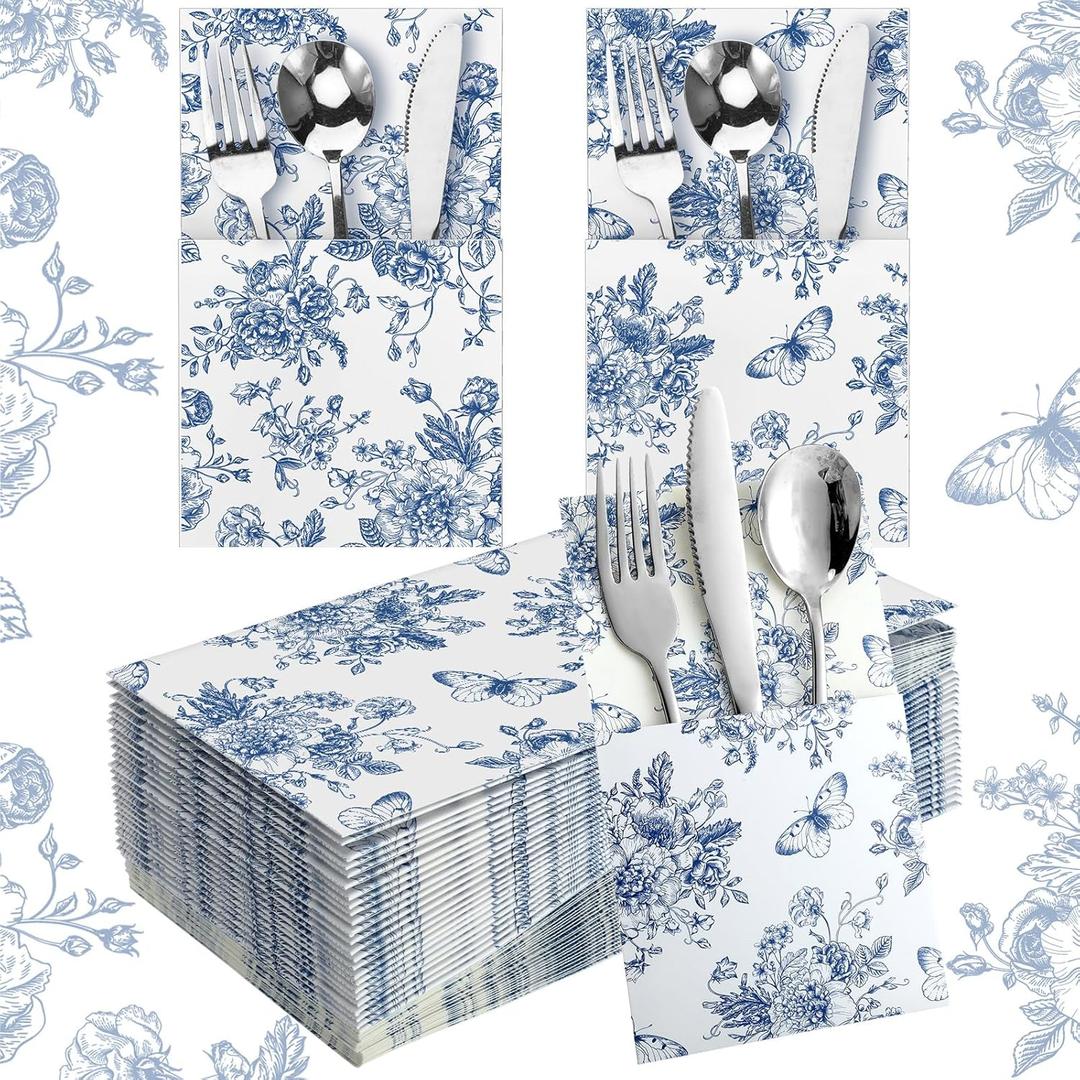 Sliner 50 Pieces White and Blue Floral Silverware Bags Paper Disposable Silverware Sleeves Blue Floral Cutlery Holder Chinoiserie Utensil Pouch Table Decoration for Wedding Cocktail Guest Tea Party