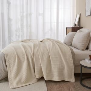 100% Cotton Waffle Weave Lightweight Summer Bed Blanket - Full Queen Size - 90x90in Prewashed Breathable, Woven, Layering Blanket (Oatmeal) (All Season- Oatmeal)