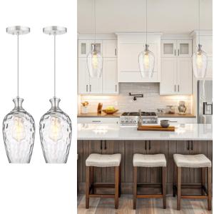 Glass Pendant Lights Kitchen Island 2 Pack, Brushed Nickel Pendant Light Fixtures with Hand-Blown Clear Glass, Modern Hanging Light for Kitchen Sink Dining Room Bedroom, E26