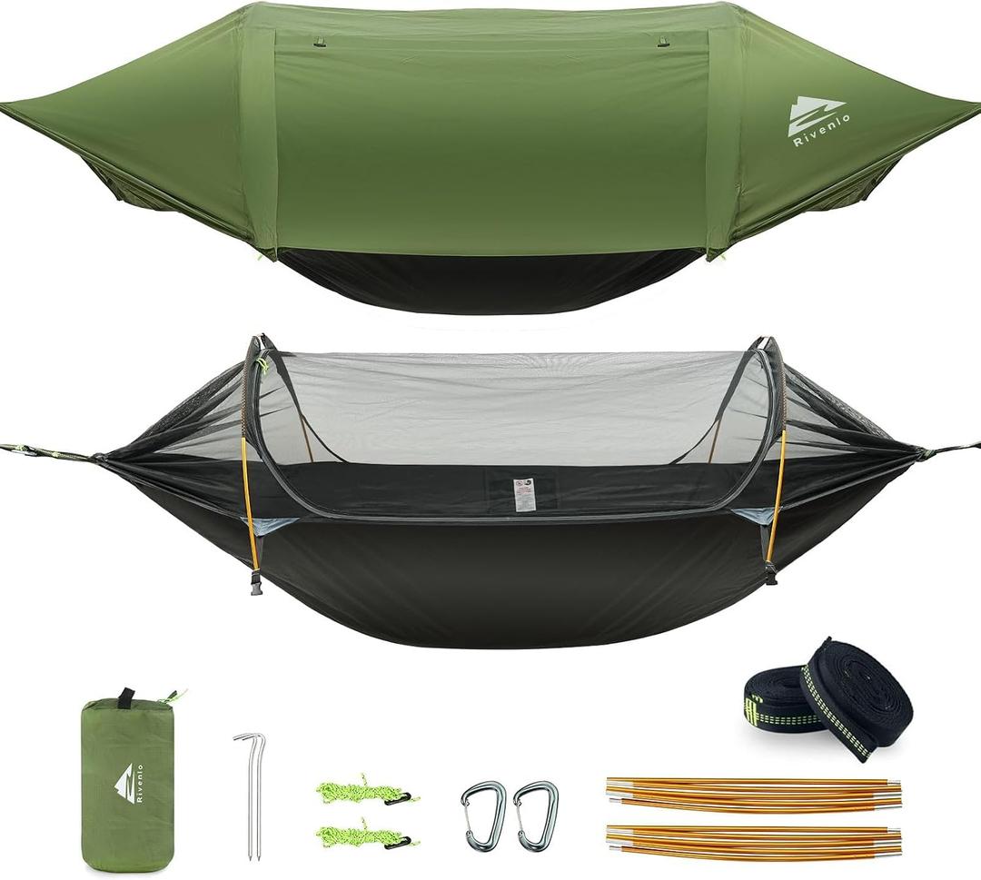 Camping Hammock Tent with Mosquito Net & RainFly, 3 in 1 Waterproof Portable Sleeping Hammock Bug Backpacker Lightweight Outdoor Gear Swing for Hiking Travel Patio Expedition(Dark Green), 106"L x 55"W