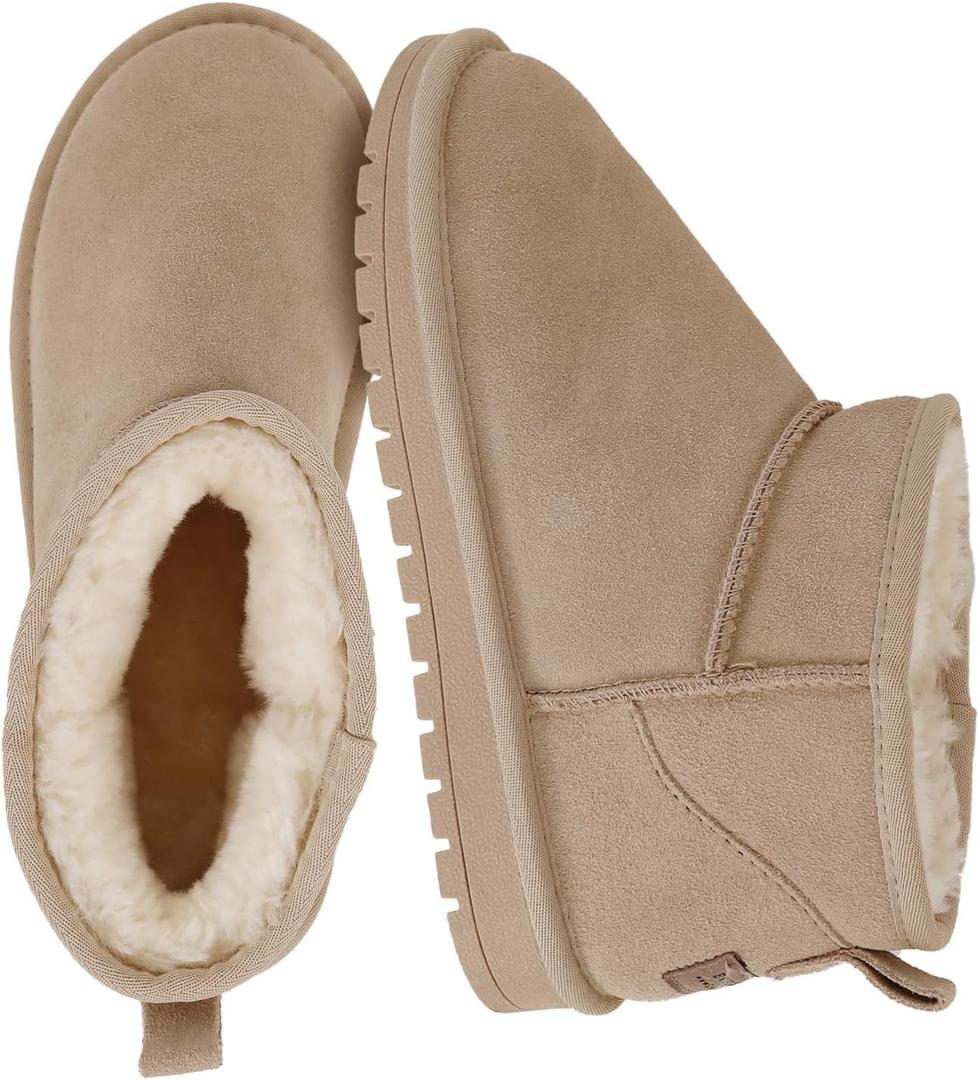 EVELLYHOOTD Genuine Suede Ankle Snow Boots for Women Men-Water Resistant Warm Flat Padded Winter Fuzzy Mini Boots with Cozy Faux Fur Lining (6.5, Mustard Seed)