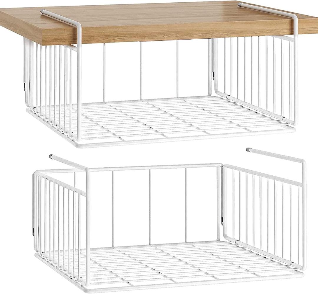 SUFAUY Under Shelf Basket Storage, 2-Pack Under Cabinet Hanging Wire Organizer for Pantry Kitchen, White