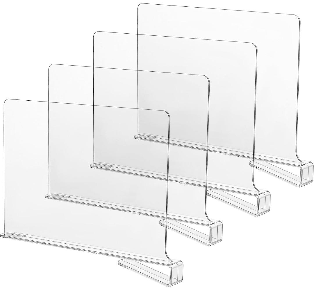 CY craft Acrylic Shelf Dividers for Closets, Wood Shelf Dividers, 4 PCS Clear Shelf Separators, Perfect for Clothes Organizer and Bedroom Kitchen Cabinets Shelf Storage and Organization