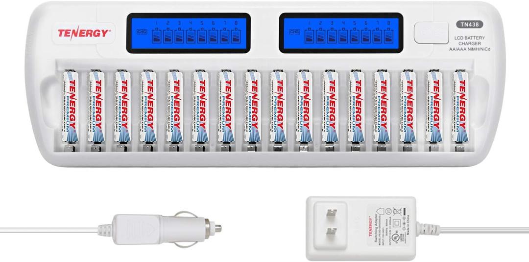 Tenergy TN438 16-Slot Smart Battery Charger for AA/AAA NiMH/NiCd LCD Display + 16 Premium AAA Rechargeable Batteries