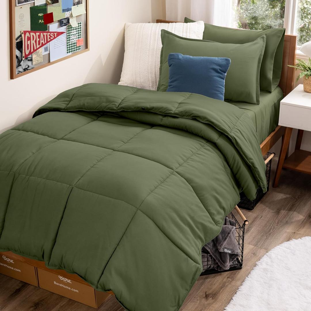 Bare Home Bed-in-A-Bag 5 Piece Comforter & Sheet Set - Twin XL - Goose Down Alternative - Ultra-Soft 1800 Premium Bedding Set (Twin XL, Cypress/Cypress)