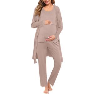 SWOMOG Maternity Nursing Robe Set 3 PCS Women Postpartum Pajamas Breastfeeding Labor Delivery Hospital Pregnancy Pjs (Medium, Light Brown)