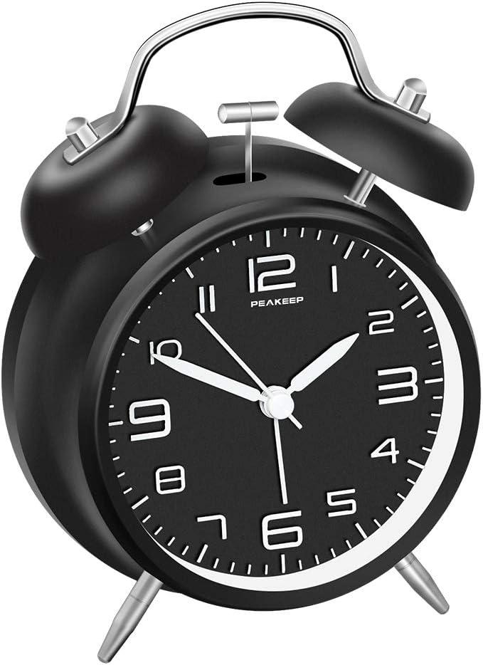 Peakeep 4 Inches Twin Bell Loud Alarm Clock for Heavy Sleepers, Backlight, Battery Operated Old Fashioned Alarm Clock for Bedrooms (3D-Dial, Black)