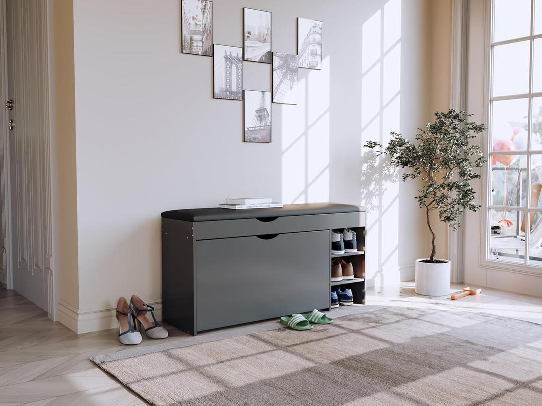 Shoe Storage Bench with Flip Drawer Shoe Bench with Cushion Shoe Cabinet Storage for Entryway Shoe Rack Bench for Bedroom Hallway Living Room Mudroom, 39.37" W, Holds Up to 350 lbs (Brown) (Gray) (Grey)