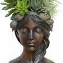 DiliComing Head Planter Face Plant Pots - 10 Inch Flower Pot Succulents Large Outdoor Planters Indoor with Drainage Resin Lady Bronze Statue for Garden Home Decor Porch Gift for Plant Lovers