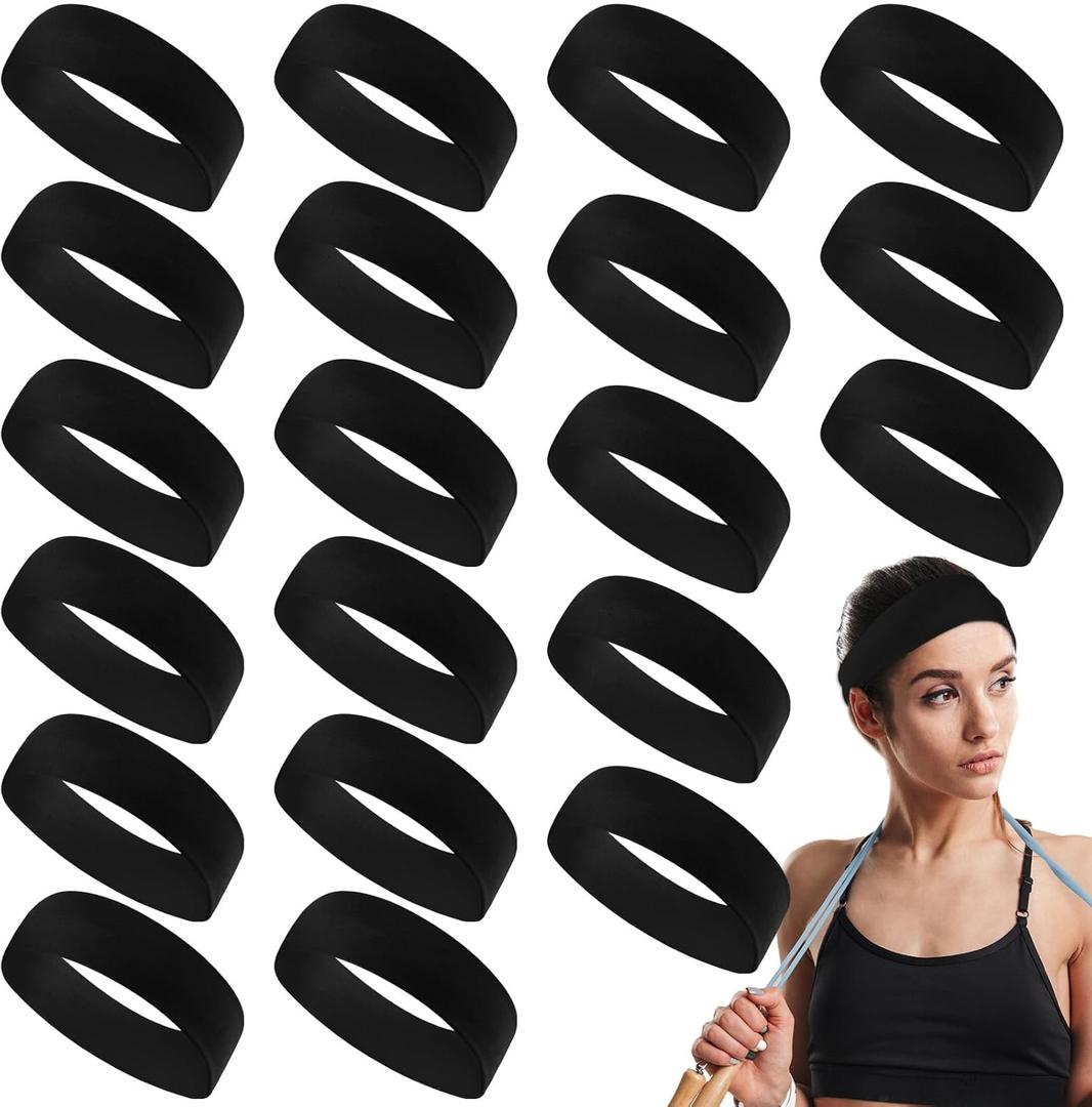 Hotop 20 Pcs Sport Stretchy Headbands for Girls Women Non Slip Soft Fabric Elastic Headband Bulk for Yoga DIY Team Gifts (Black)