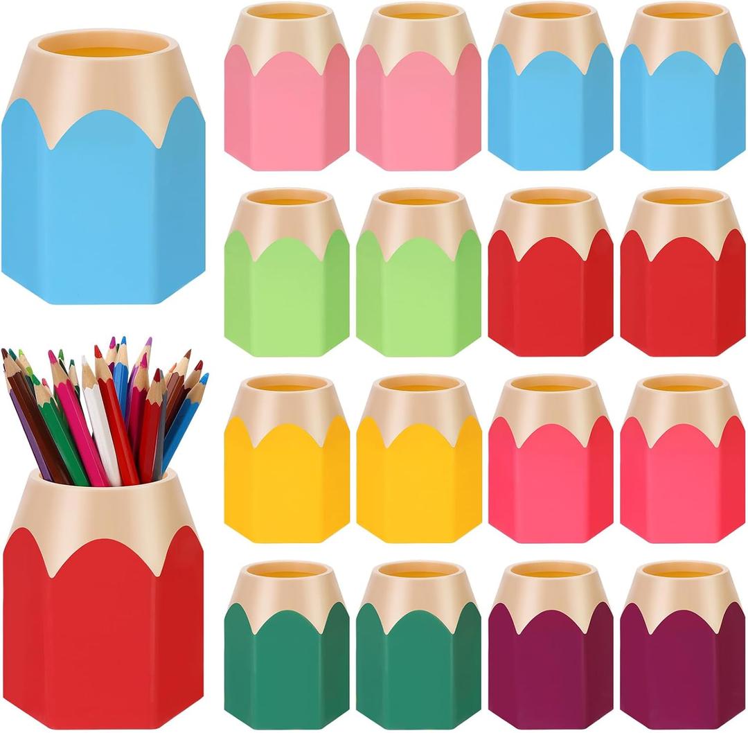 16 Pcs Pencil Shaped Pen Holders Plastic Pencil Holder Desktop Pen Cups Colorful Pencil Storage Organizer Cute Penci-l Pot Makeup Brush Container for Desk School Office Home Table Decoration