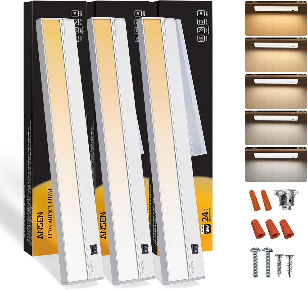 Ansen 3Packs of Under Cabinet Lights for Kitchen, 24in 18W 1237LM, Dimmable Hardwire Led Light for Closet, CRI>92, R9>90, 5 Color Temperature, 2700K-5000K(Warm White, Cool White, Daylight)