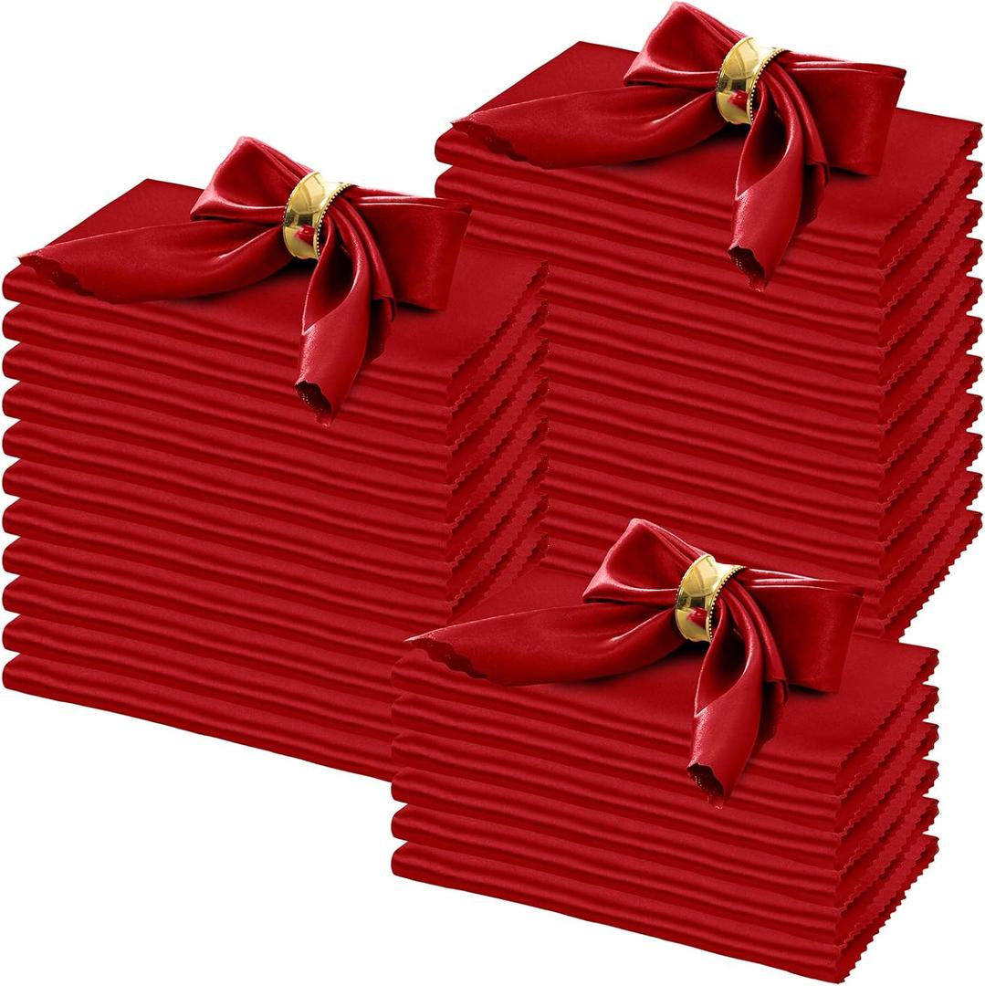 Horbaunal 100 Pack Satin Napkins 17" x 17" Square Dinner Napkins with Elegant Lace, Soft Cloth Napkins for Parties, Weddings, Events, Red