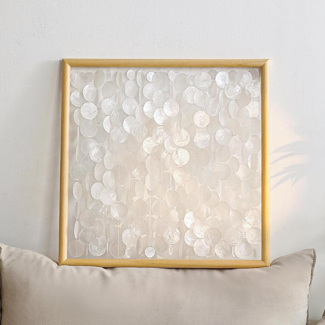 DHHOUSE 24x24 inch Handmade Capiz Shell Wall Art, Minimalist White Shell Wall Hanging with Wooden Frame, Coastal Wall Decor for Living Room, Bedroom, 23.7"L x 23.7"W