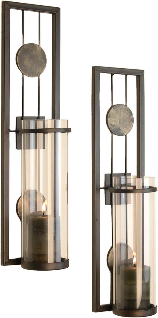 Danya B Set of Two Wall Sconces, Metal Wall Dcor, Antique-Style Metal Sconce for Home, Patio or Office Decorative Metal Wall Scone, Candle Holder, Real or Battery Operated Candles