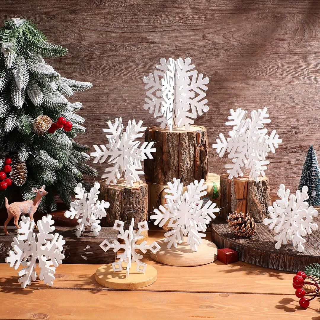 Sawysine 16 Pcs Glitter Wooden 3D Snowflake Decor Christmas Table Decorations Snowflake Signs Winter Wooden Xmas Standing Centerpiece Fireplace Decoration for Winter Holiday(White)