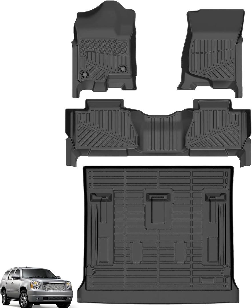 Floor Mats for 2007-2014 Chevrolet Tahoe & GMC Yukon Bench (NOT fit Yukon XL or Hybrid), 8 Seats, TPE All Weather Floor Liners for Chevy Tahoe Floor Mats, Non-Slip Waterproof Cargo Liner
