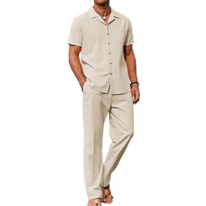 COOFANDY Men 2 Piece Linen Outfit Beach Button Down Shirt Casual Loose Pant Sets (Medium, Khaki)