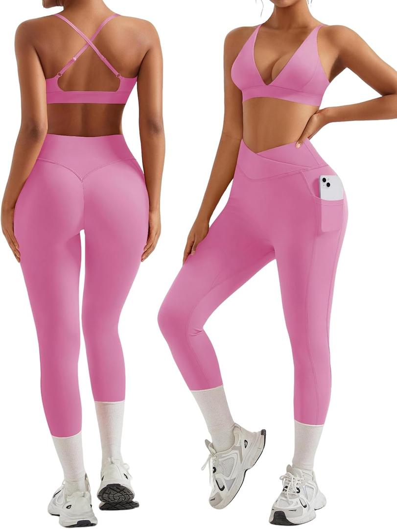 RXRXCOCO 2 Piece Workout Sets for Women Strappy Sports Bra Booty Leggings with Pockets Yoga Gym Outfits (Small, Pink)