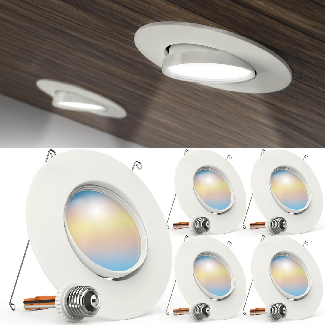 Sunco 4 Pack LED Can Lights Eyeball Retrofit Gimbal 5/6 Inch Recessed Lights 12W=60W, 5 Colors 2700K/3000K/3500K/4000K/5000K, 800 LM, Directional Angled Trim Adjustable Ceiling Downlight UL. (5 CCT in One (2700K, 3000K, 3500K, 4000K, 5000K))