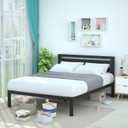 Amazon Basics Industrial Metal Bed Frame with Headboard and Wood Slats, 14 Inches High, Queen, Black