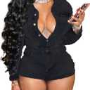 Molilove Women's Vintage Short Denim Jumpsuit Long Sleeve Button Down Jean Jumpsuit Rompers with Pockets (Medium, Black)