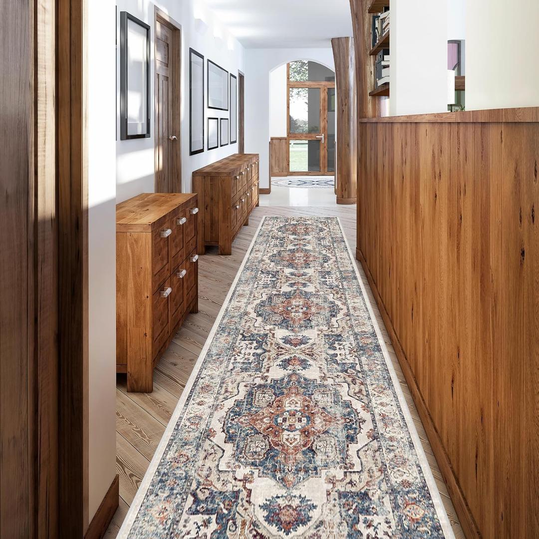 Hallway Washable Runner Rug - 2'6x12 Kitchen Rugs Entryway Rug Runner Vintage Soft Floor Mat Non Slip Indoor Farmhouse Carpet for Bathroom Living Room Bedroom (2'6''x12', Brick)