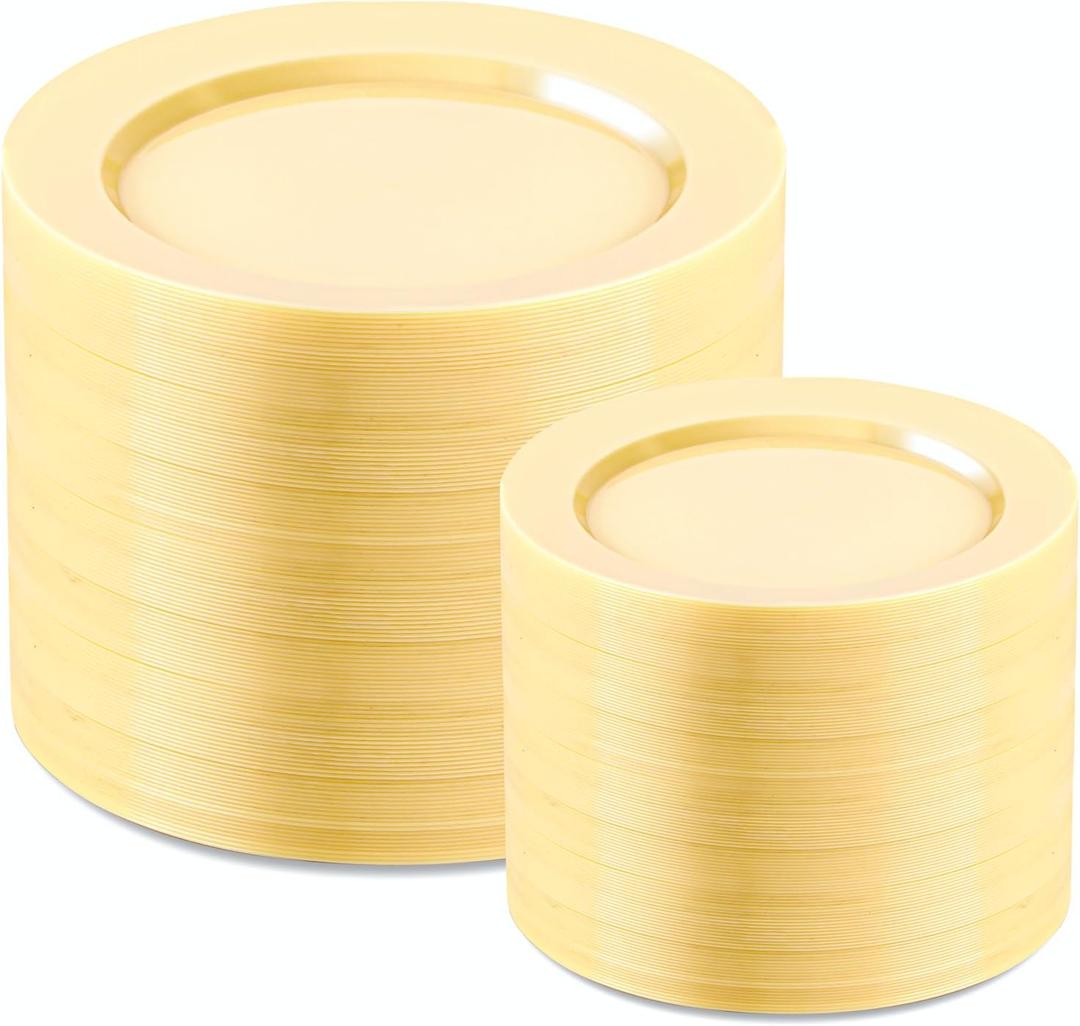 FLOWERCAT 200PCS Yellow Plastic Plates Disposable Plates for Party - Heavy Duty Plastic Plates - 100 10" Dinner Plates and 100 7" Salad Plates for Weddings, Easter Parties and Events