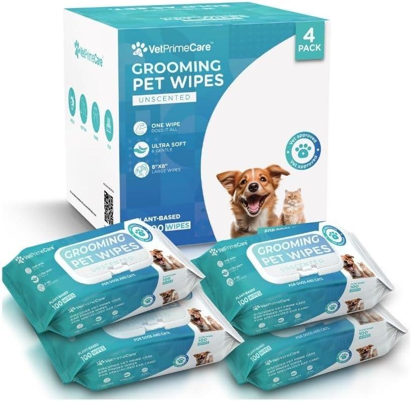 Pet Grooming Wipes for Dogs & Cats, 8 x 8 Plant-Based, Wipes for Cleaning & Deodorizing, Suitable for Pets Body Like Face, Paws, Belly, and Butt, Unscented - 400 Count