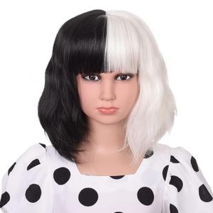 Black and White Wig for 3+ Years Kids Cosplay Costume Short Wavy Bob Synthetic Wigs with Bangs for Boys Girls Halloween Party (Black and White)