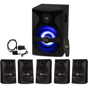 Goldwood Bluetooth 5.1 Surround Sound Home Theater Speaker System with LED Display, FM Tuner, USB/SD Inputs - 6-Piece Set with Remote Control, Black