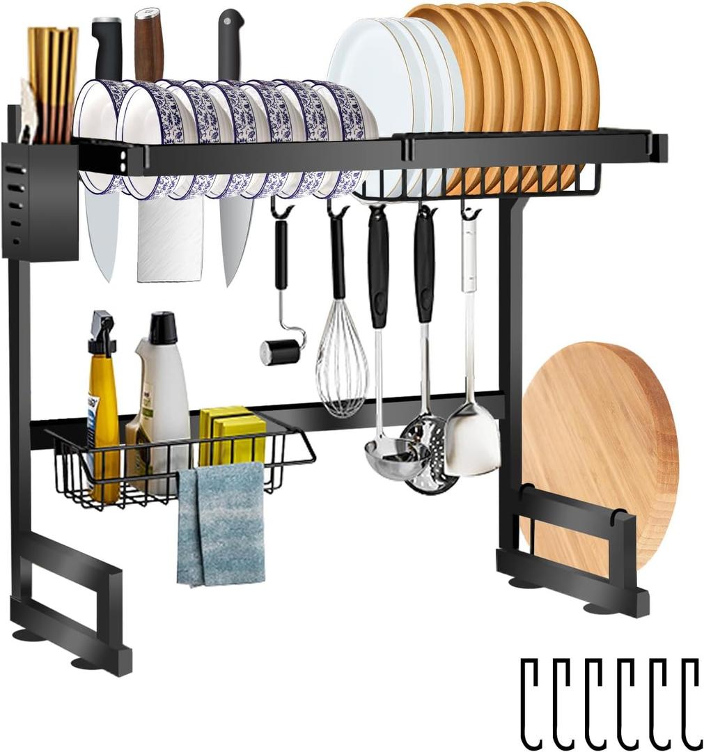 2 Baskets Over The Sink Dish Drying Rack - Large Kitchen Dish Rack with Knife Holder, Space Saving Drying Rack (25.5''S)