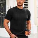 Runcati Mens Knit Short Sleeve T Shirts Casual Crewneck Slim Fit Shirt Cable Knitted Stretch Pullover Tees Black (Black)