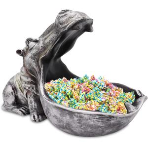aboxoo Hippo Statue Home Resin Hippopotamus Figurine Fun Candy Dish,Key Bowl,Big Mouth Sculpture Table Art Decoration Sundries Container Storage Boxes (Grey) (Gray)
