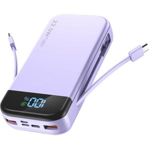 Portable Charger 32000mAh, 22.5W QC 3.0 PD 20W Smart LED Display Fast Charging Built in Cables Power Bank, External Battery Pack Charge 5 Devices Compatible with Cellphones (Purple)