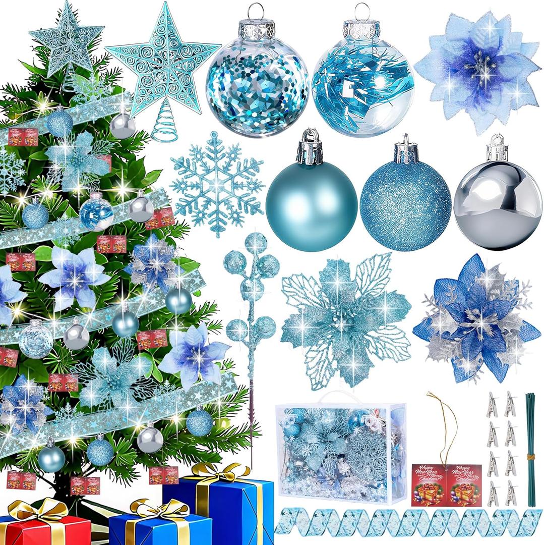 Christmas Tree Ornaments and Decorations Set for Holiday Home Decor (Blue, 76pcs)