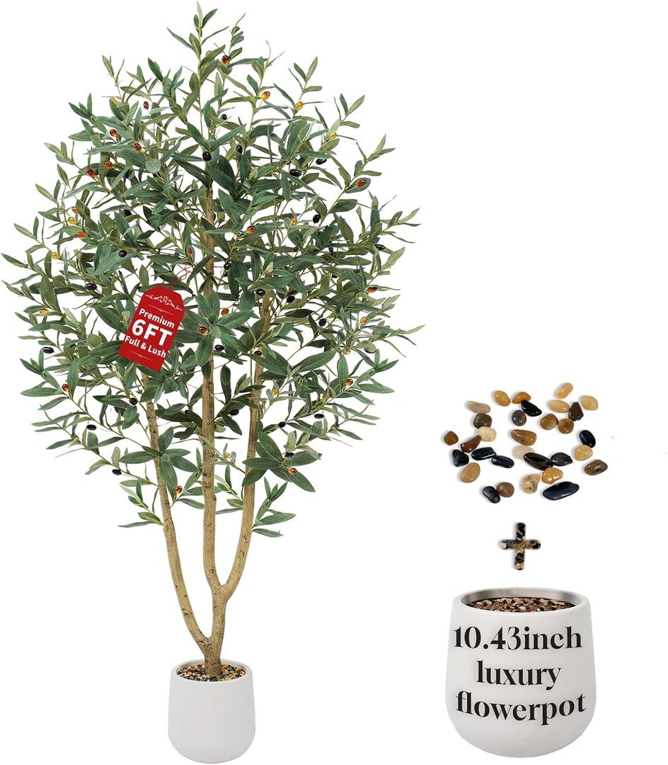 6FT Olive Trees Artificial, Large Faux Olive Tree with White Tall Planter, Faux Tree Indoor with Lush Lifelike Fruits for Living Room Bedroom Balcony Corner Office Home Decor