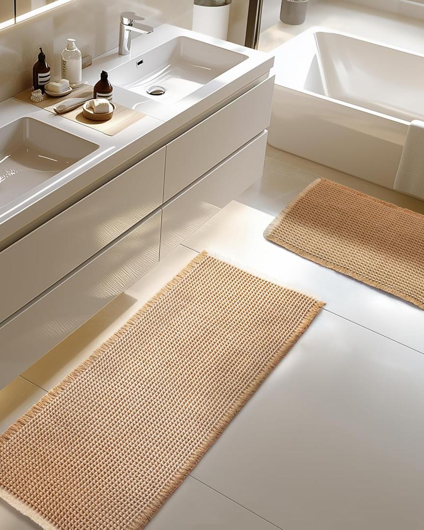 Large Waffle Bath Mat Set, Non Slip Bathroom Mat Set 2 Piece, Ultra Absorbent Bath Mats, Machine Washable Bath Rugs, Brown & White, 20"47" and 16"24"