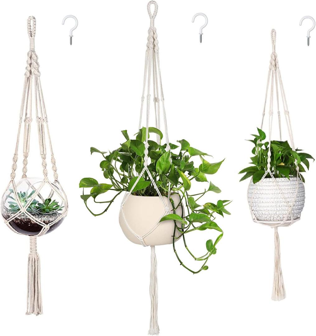 MIPON 3 Pack Macrame Plant Hanger Indoor Hanging Planter for Plants Holder with 3 Hooks, Different Size for Boho Home Decor,Ivory (POTS NOT Included)