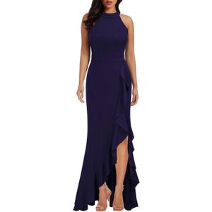 WOOSEA Women's High Neck Split Bodycon Mermaid Evening Cocktail Long Dress (Large, Navy Blue)
