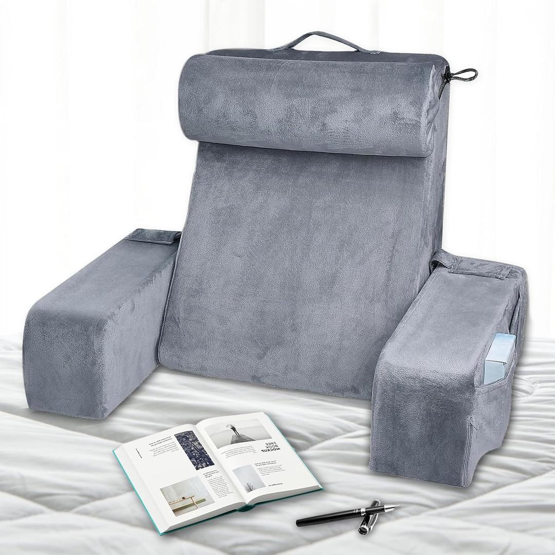 Reading Pillow for Sitting in Bed Adult, 19 Inch Backrest Pillow Sitting Back Support Pillow with Removable Armrests and Adjustable Pillow, Suitable for Resting, Reading on Bed or Floor (Grey)