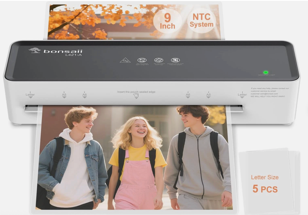 Bonsaii Laminator Machine with 5 Laminating Sheets, 9 Inch Thermal Laminating Machine for Doc/Posters/Photos, Compact Laminator for Home Office School, L421-Grey