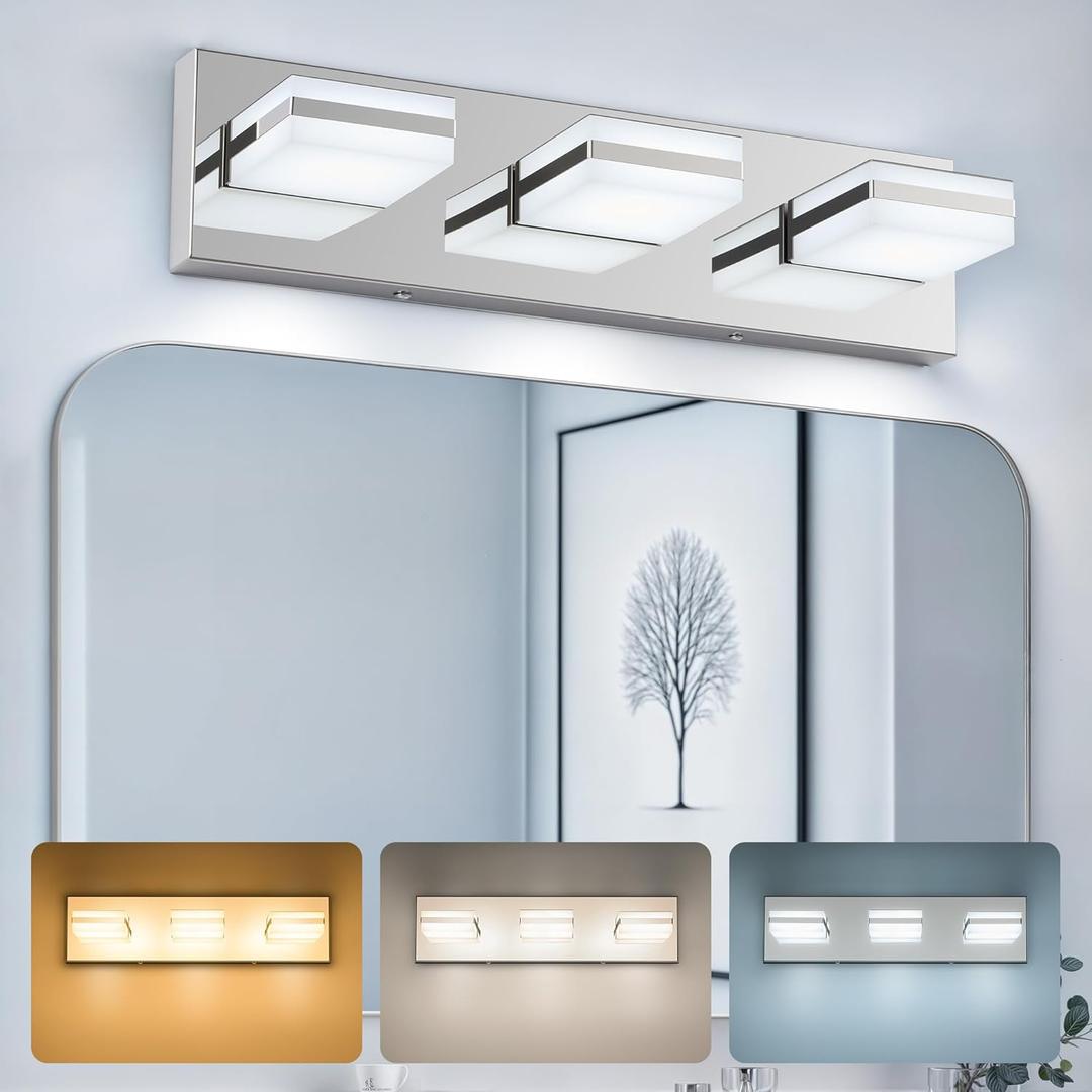 VONLUCE Bathroom Vanity Light Fixture, 3-Light Modern LED Vanity Lights, 3CCT Adjustable Bathroom Light with Memory Function Rotatable Shades, 18" Wall Lighting Fixture Over Mirror, Chrome