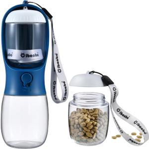 Dog Water Bottle with Food Container, Travel Puppy Water Bowl, Portable Pet Dispenser, Dog Stuff Accessories Items, Puppy Essentials Necessities for Yorkie Chihuahua Cat Walking and Hiking (10oz, #03 Dark Blue)