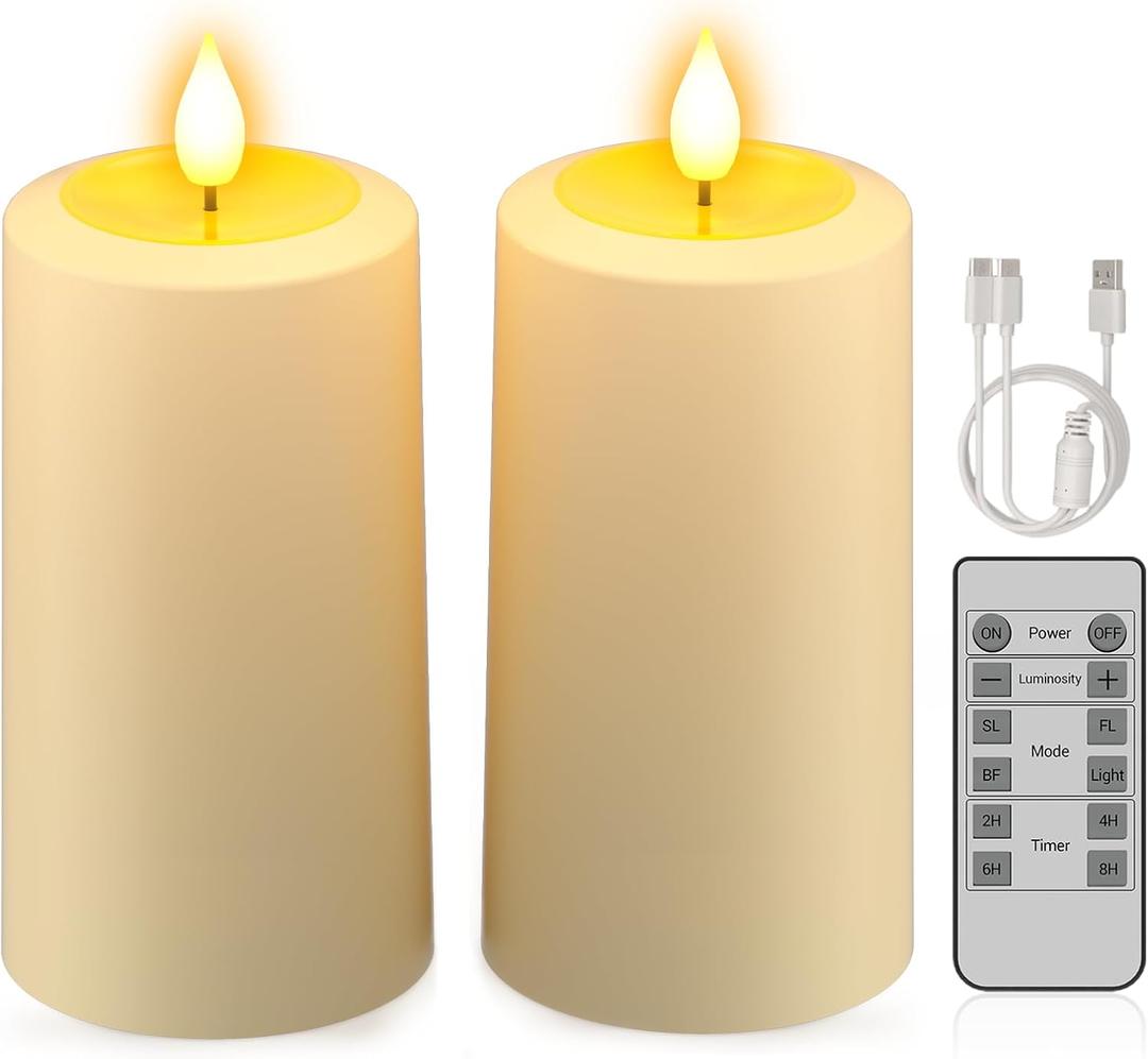PChero Rechargeable Flameless Pillar Candles with Remote, 2 Pcs, 5.1"x2.7" | Outdoor Candles with Timer Waterproof, Up to 290H Runtime, LED Candles, Flickering Flame, For Lanterns Porch Patio