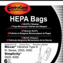 EnviroCare Replacement HEPA Filtration Vacuum Cleaner Dust Bags made to fit Riccar Vibrance Type A R-Series, 2000, 4000, Simplicity 5000, 6000 6 Pack
