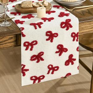Artoid Mode Soft Coral Fleece Jacquard Red Bows Table Runner, Kitchen Dining Table Decoration for Home Party Decor 13x72 Inch (Beige)