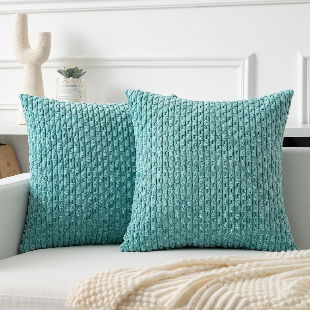 Kevin Textile Throw Pillow Covers Soft Corduroy Decorative Set of 2 Boho Striped Pillow Covers Pillowcases Farmhouse Home Decor for Couch Bed Sofa Living Room 20x20 Inch Aqua Green